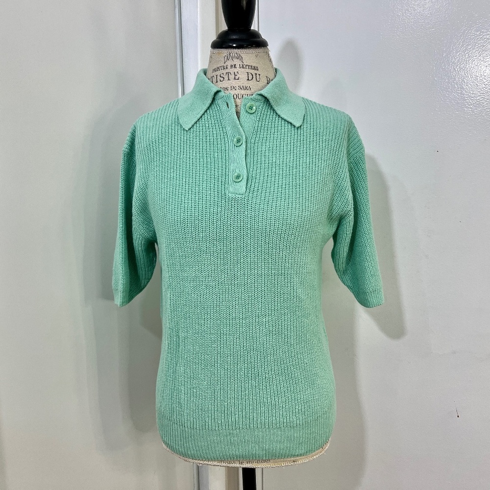 NEW Vintage Norm Thompson Mint Quarter Button Knit 55% Linen 45% Cotton Sweater